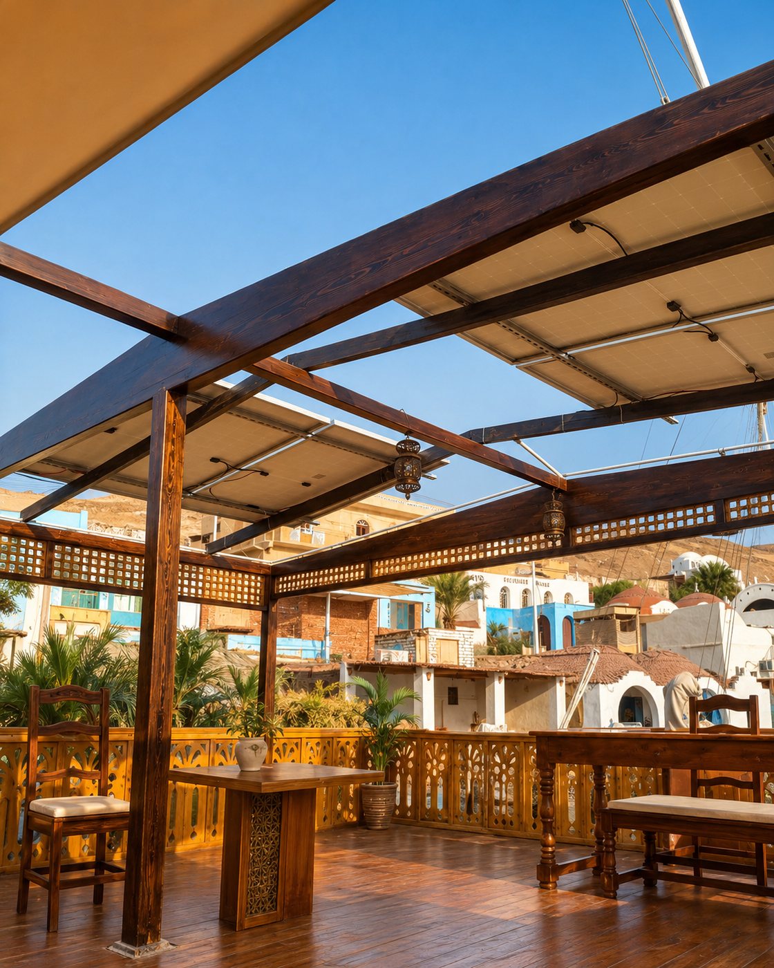 Solar panels built into a Nile dahabiya sun deck