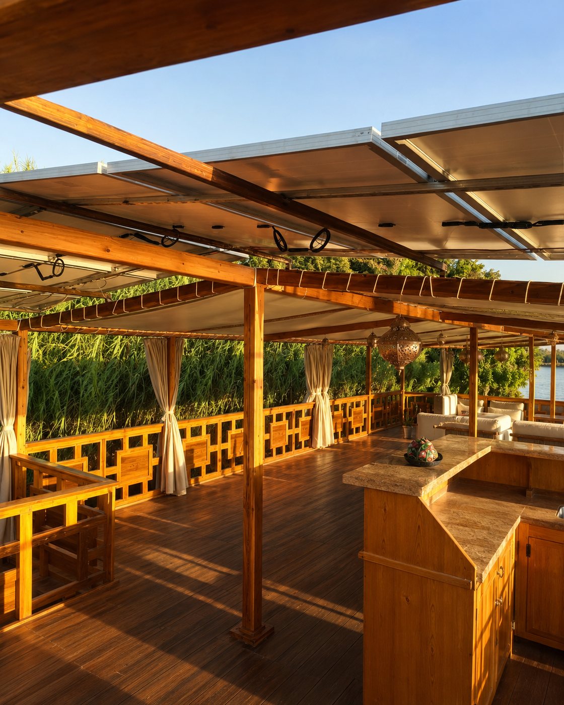 Solar panel array on a Nile vessel at sunset