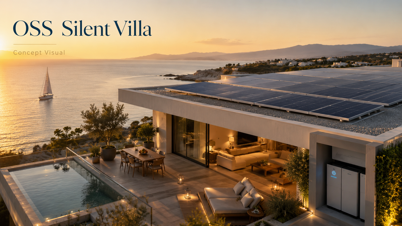 Luxury coastal villa with rooftop solar panels and battery backup concept.