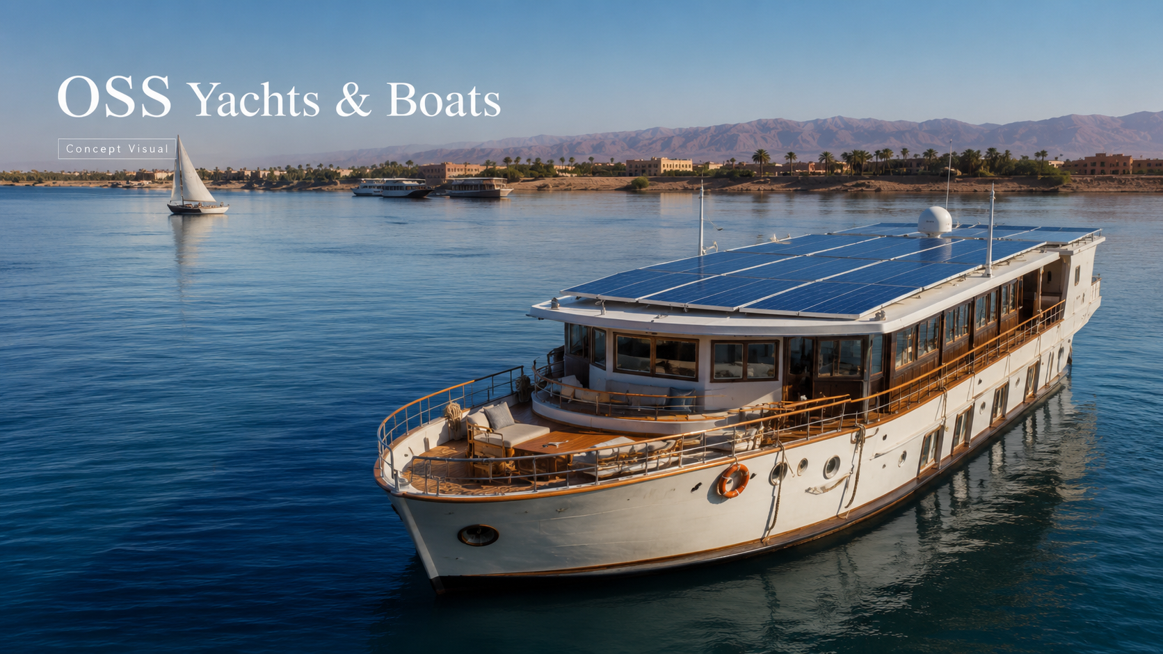 Luxury yacht with solar panels on calm coastal water concept.
